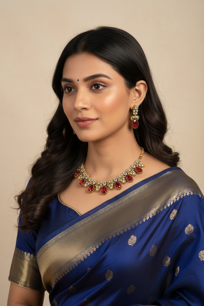 Regal Ruby Red & Zircon Gold-Tone Choker Necklace Set