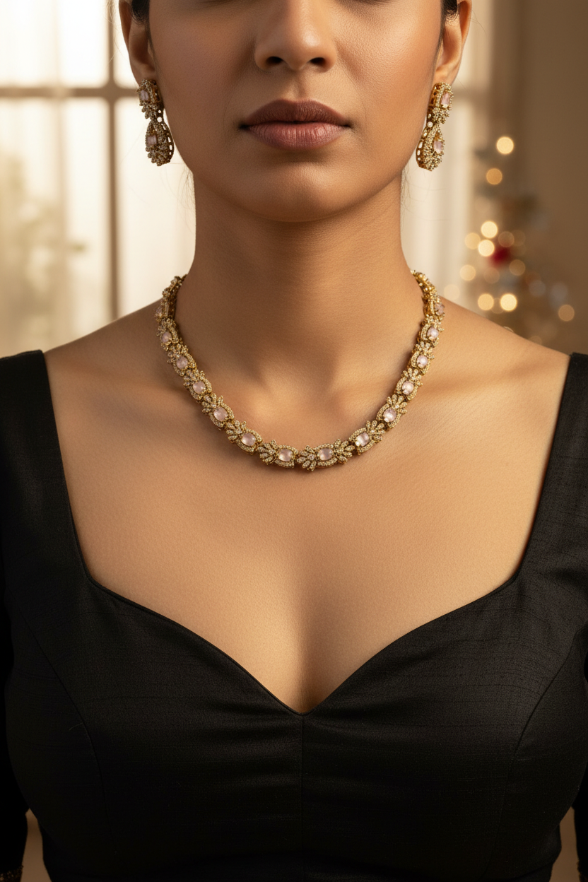 Exquisite Ruby Pink & CZ Choker Necklace Set