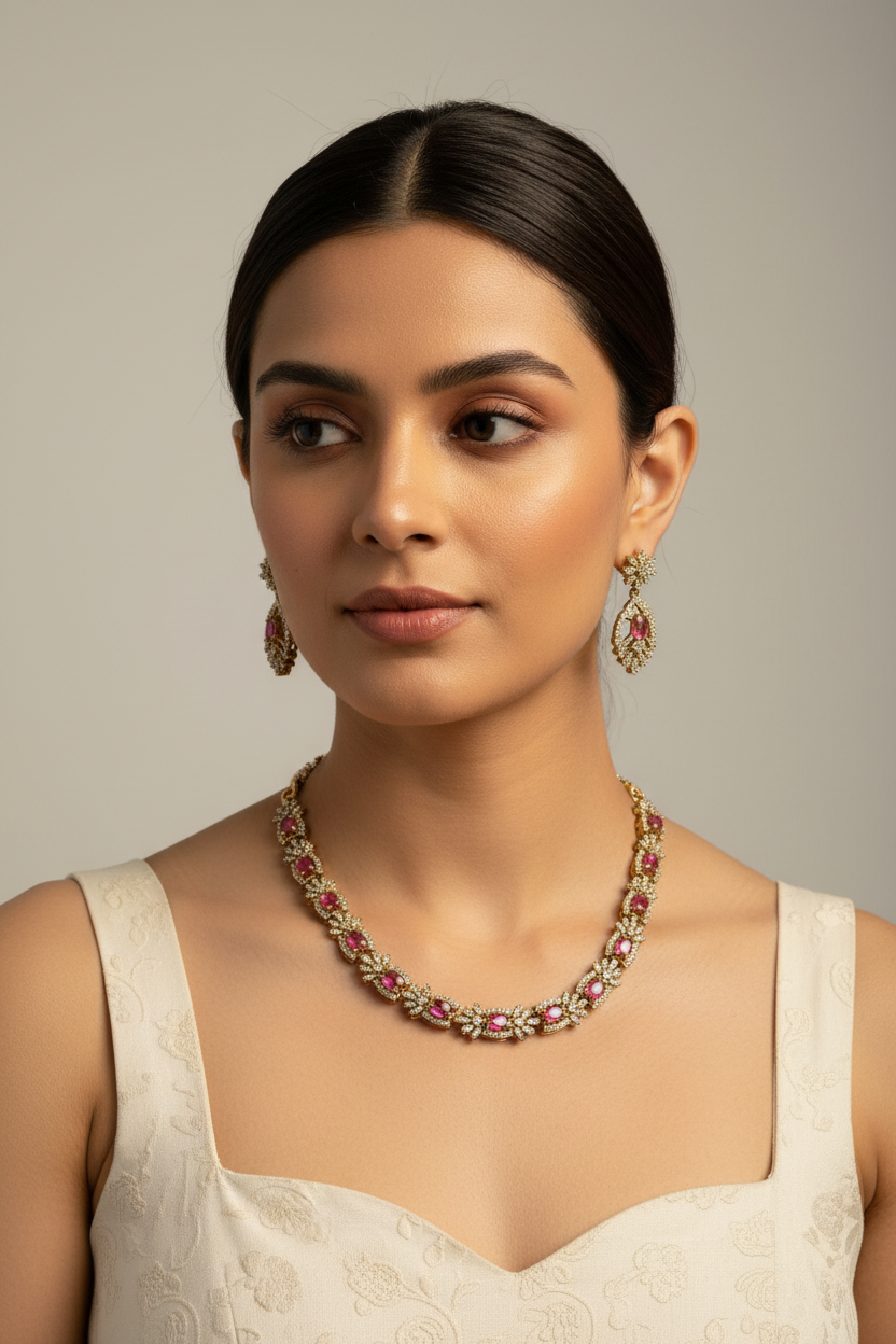 Exquisite Ruby Pink & CZ Choker Necklace Set