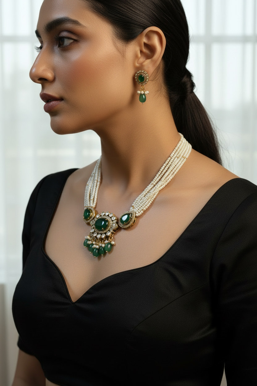Regal Emerald Green & Pearl Kundan Style Jewelry Set
