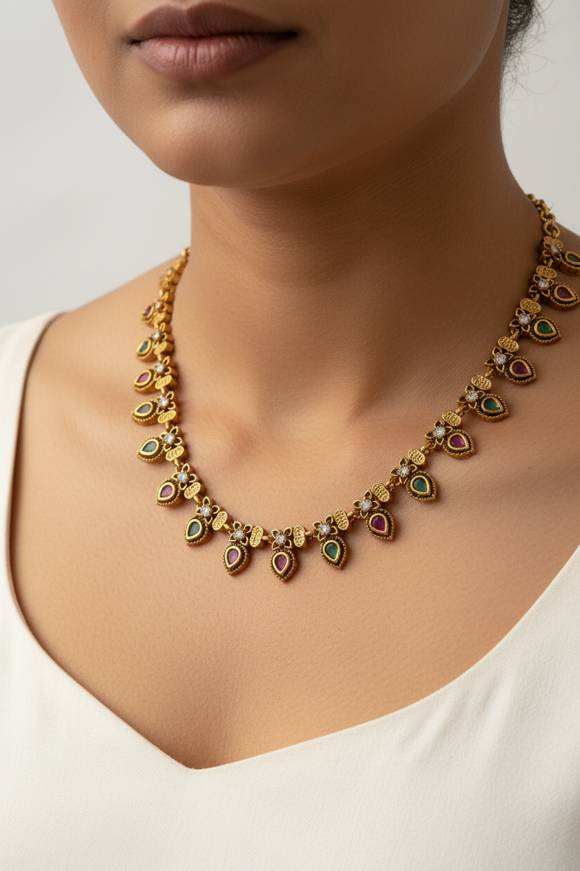 Gold-tone jewelry set featuring a necklace and matching earrings with small red and green teardrop-shaped stones, displayed on a white fabric jewelry bust.