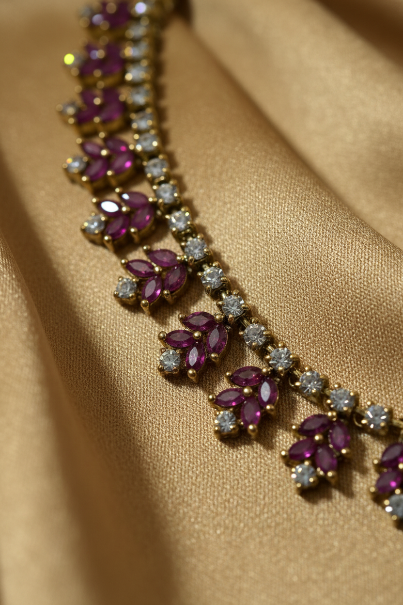 Gold-plated jewelry set featuring a necklace and matching drop earrings with deep purple gemstone floral motifs, displayed on a textured white jewelry bust.