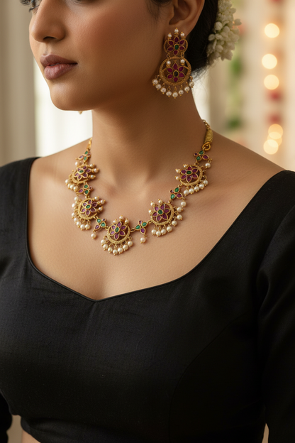 An ornate gold-toned jewelry set displayed on a white fabric bust, featuring a necklace and matching earrings with floral motifs, pearl-like beads, and red and green stone accents.