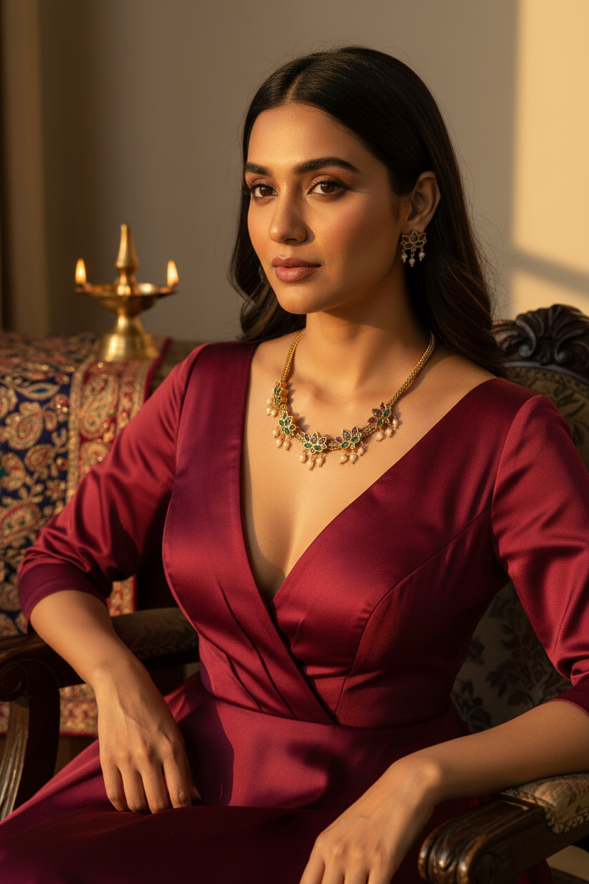 Gold-toned traditional necklace and matching flower-shaped earrings displayed on a white jewelry bust. The necklace has floral motifs with green and red enamel details and small pearl-like drops, with a long tassel hanging from one side.
