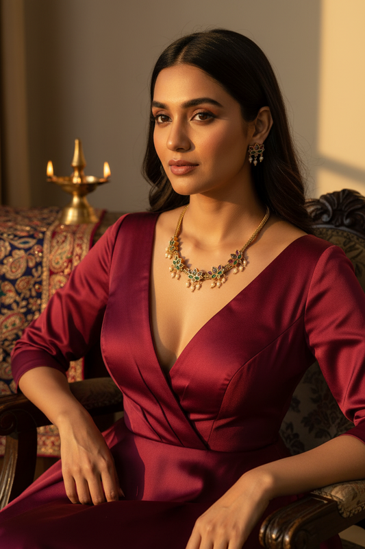 Gold-toned traditional necklace and matching flower-shaped earrings displayed on a white jewelry bust. The necklace has floral motifs with green and red enamel details and small pearl-like drops, with a long tassel hanging from one side.