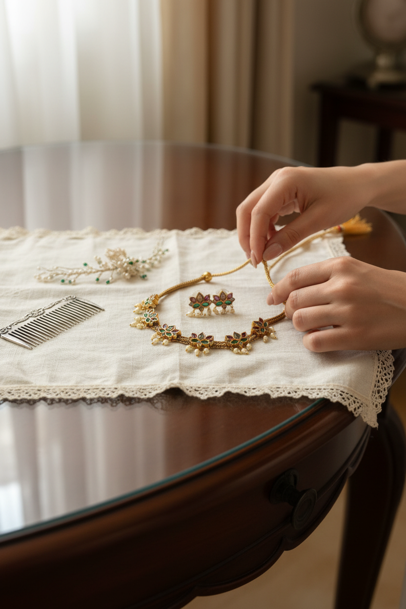 Gold-toned traditional necklace and matching flower-shaped earrings displayed on a white jewelry bust. The necklace has floral motifs with green and red enamel details and small pearl-like drops, with a long tassel hanging from one side.