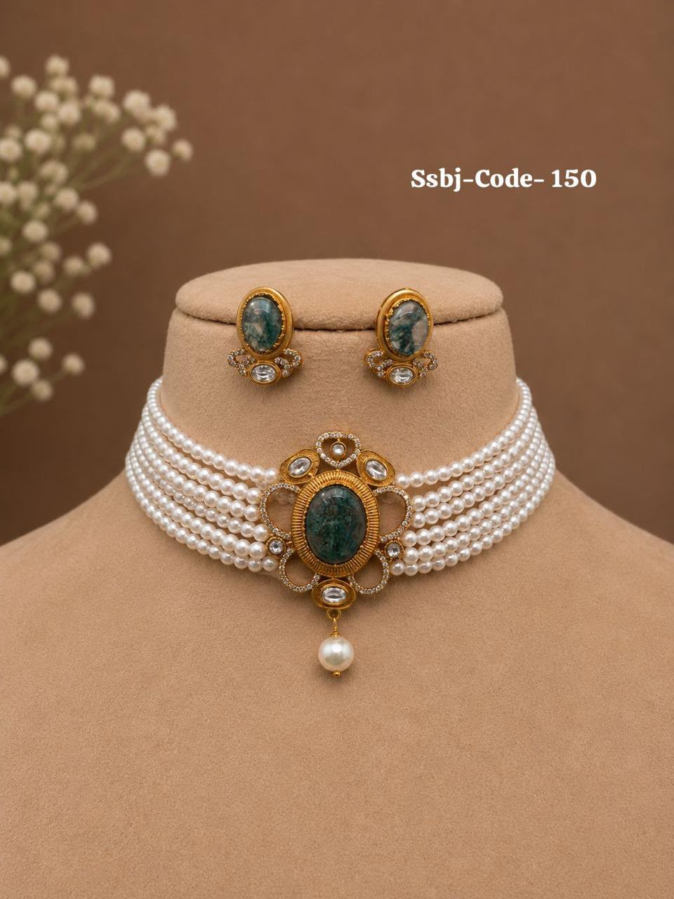 Exquisite Pearl Choker Necklace Set with Green Stone & Earrings