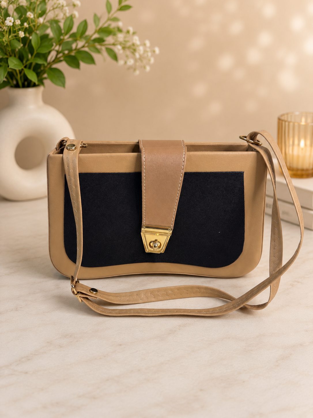 Chic Two-Tone Crossbody Bag with Gold-Tone Clasp
