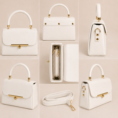 Elegant White Faux Leather Top-Handle Handbag