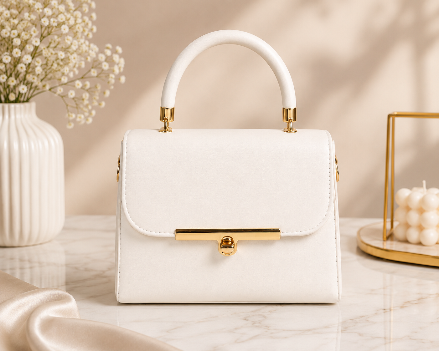 Elegant White Faux Leather Top-Handle Handbag
