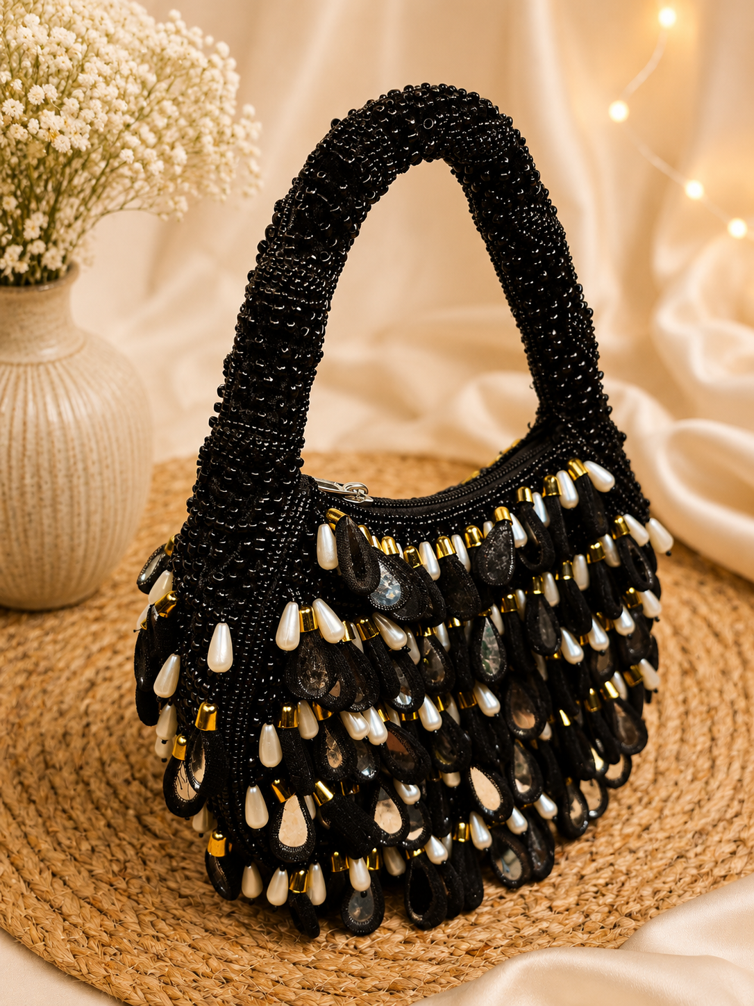 Mirrored tassel party wear hand bag