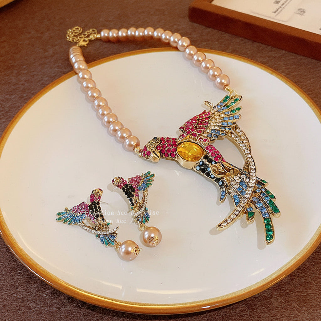 Vibrant Parrot Crystal & Pearl Statement Necklace with Earrings