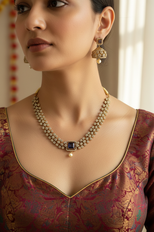 Elegant Gold Plated CZ Choker & Jhumka Earring Set