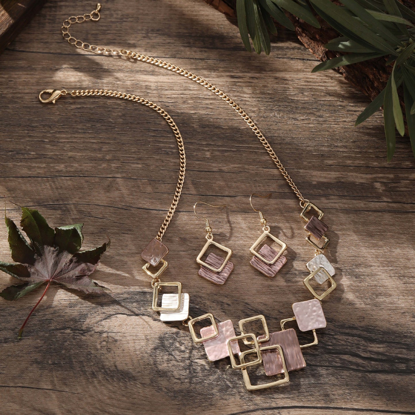 Modern Geometric Necklace & Earring Set in Teal & Gold
