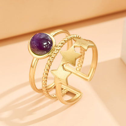 Adjustable Layered-Look Star Ring with Natural Stone | Multi-Band Gold-Tone