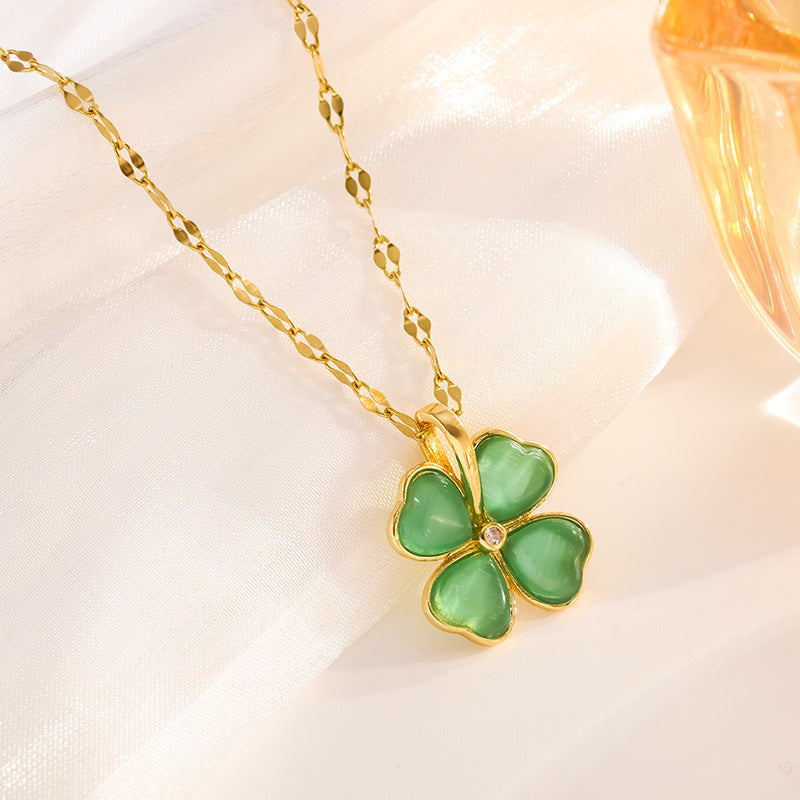 Gold Clover Charm Necklace with Green Enamel Pendant