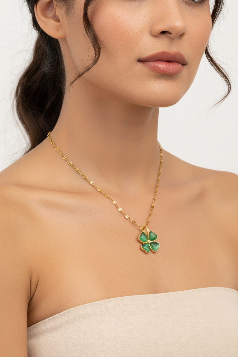 Gold Clover Charm Necklace with Green Enamel Pendant