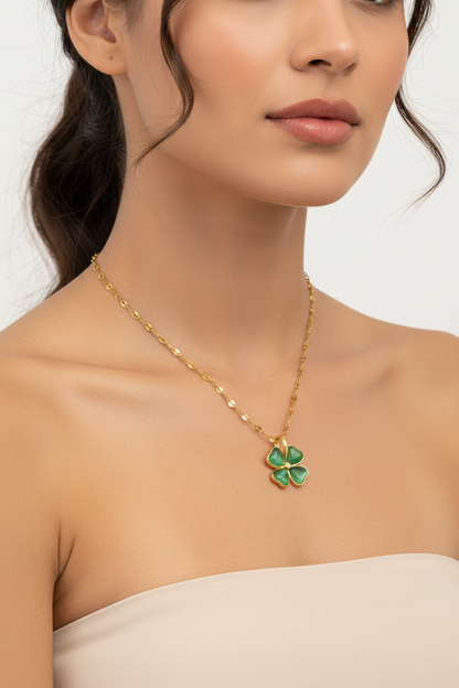 Gold Clover Charm Necklace with Green Enamel Pendant