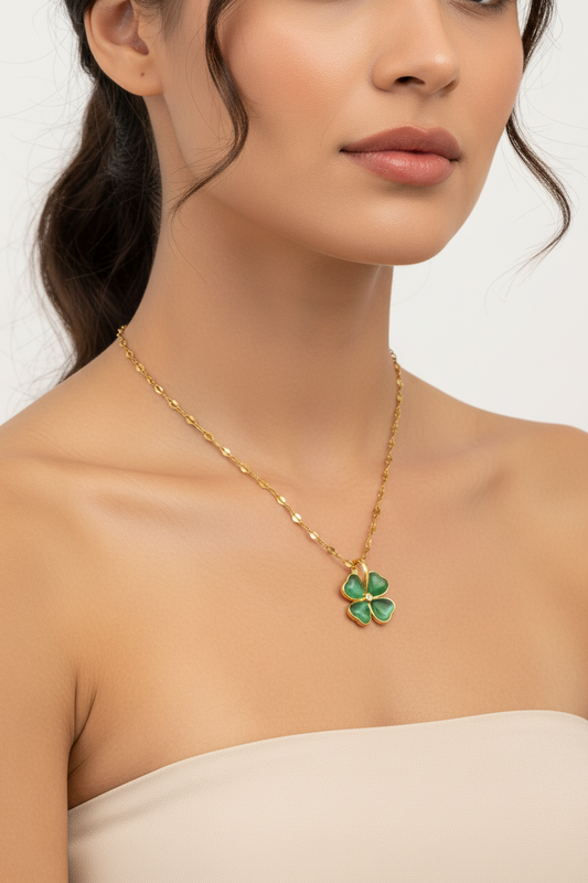 Gold Clover Charm Necklace with Green Enamel Pendant