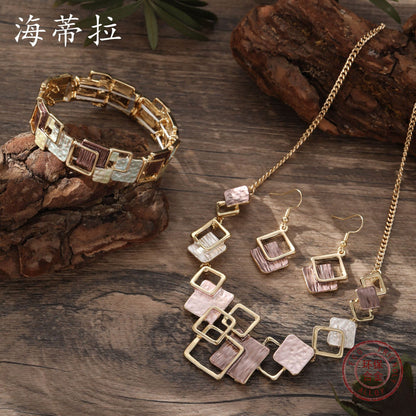 Modern Geometric Square Necklace Set in Teal & Gold | Earrings & Bracelet Included