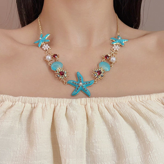 Oceanic Starfish & Seashell Charm Statement Necklace