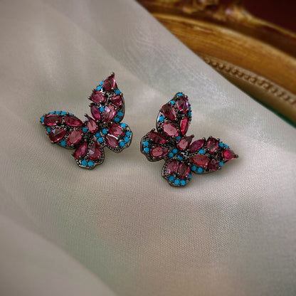 Vibrant Butterfly Gemstone Stud Earrings | Pink & Turquoise Pavé Design | Unique Statement Jewelry