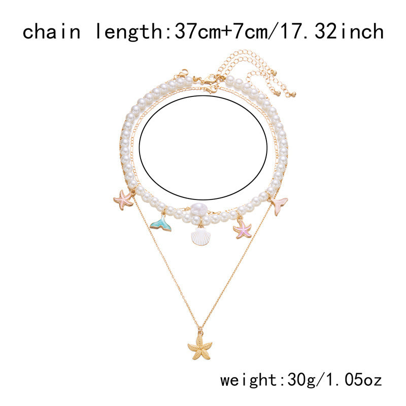 Layered Pearl Choker Necklace with Beach Charms | Starfish & Mermaid Tail