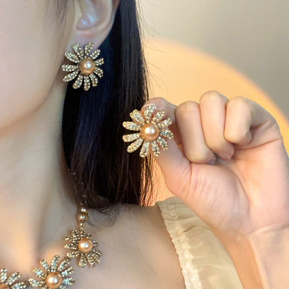 Elegant Champagne Pearl & Sparkling Flower Jewelry Set