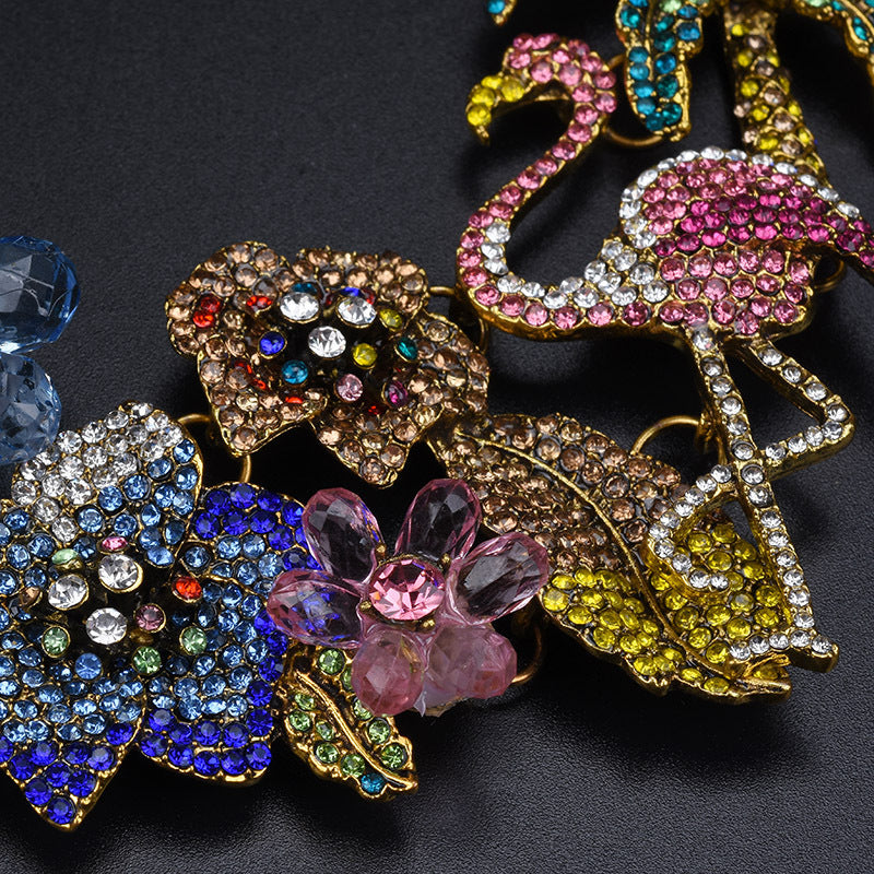 Tropical Floral Statement Necklace for Women – Crystal Enamel Flamingo & Flower Designer Jewelry | Party, Wedding & Festive Wear