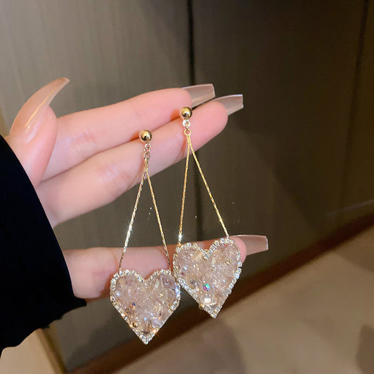 Delicate Crystal Heart Dangle Earrings | Romantic Gold-Tone Teardrop Chain Drops | Modern Statement Jewelry