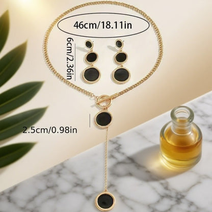 Chic Black & Gold Toggle Lariat Necklace & Dangle Earrings Set