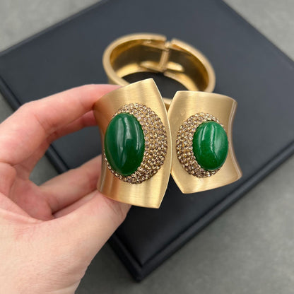 Regal Gold-Tone Green Cabochon & Crystal Cuff Bracelet