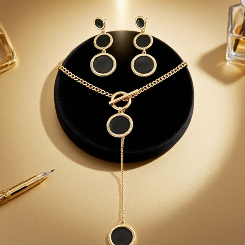 Chic Black & Gold Toggle Lariat Necklace & Dangle Earrings Set