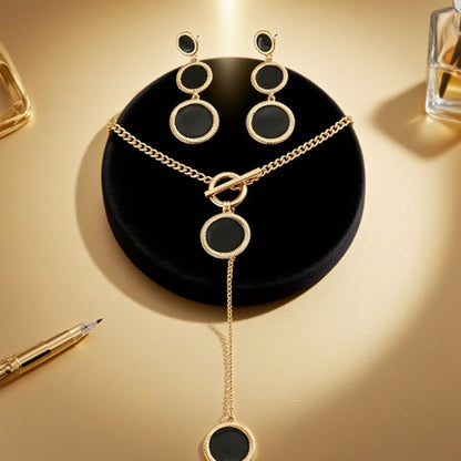 Chic Black & Gold Toggle Lariat Necklace & Dangle Earrings Set