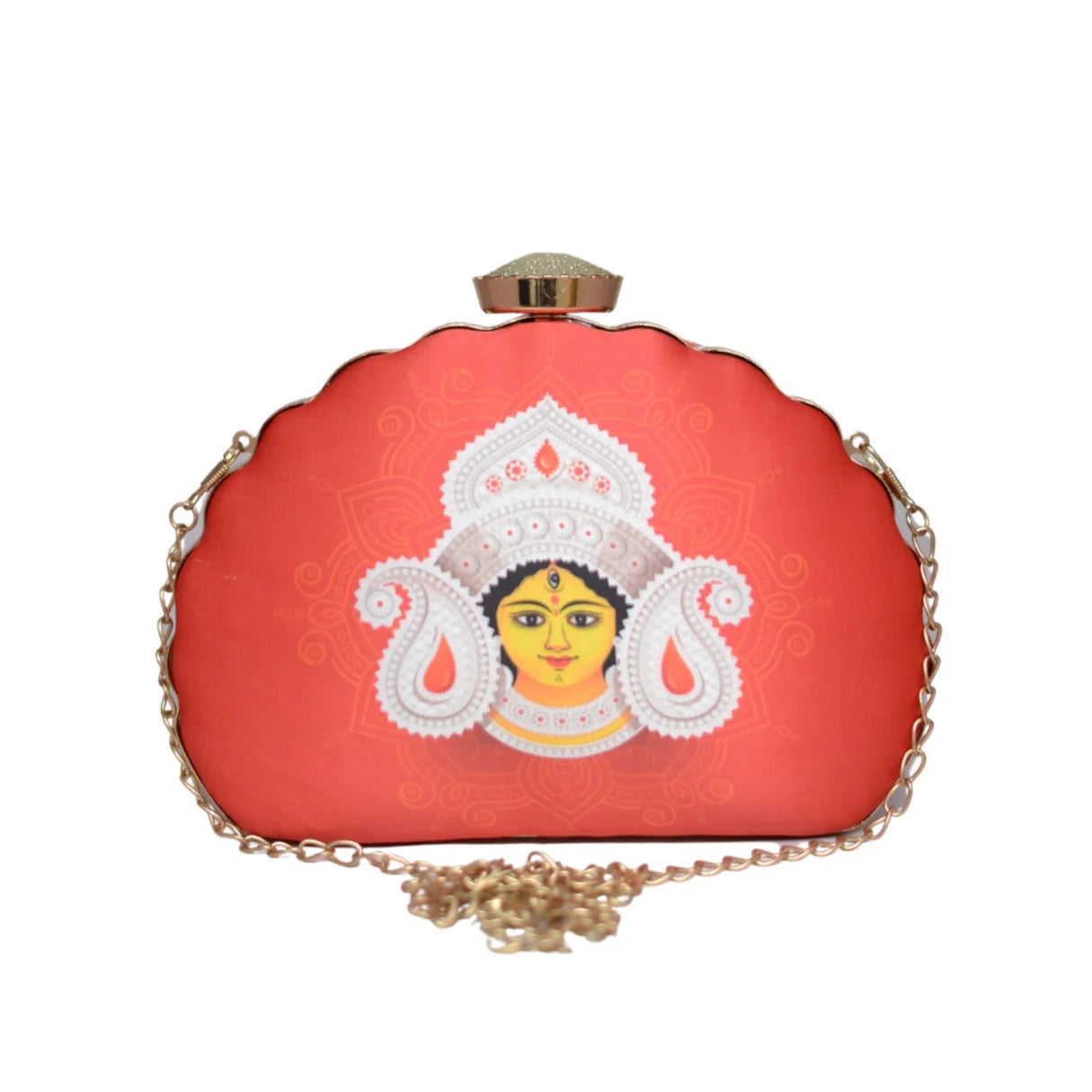 Bagmates Red Durga Face Printed D-Shape Clutch
