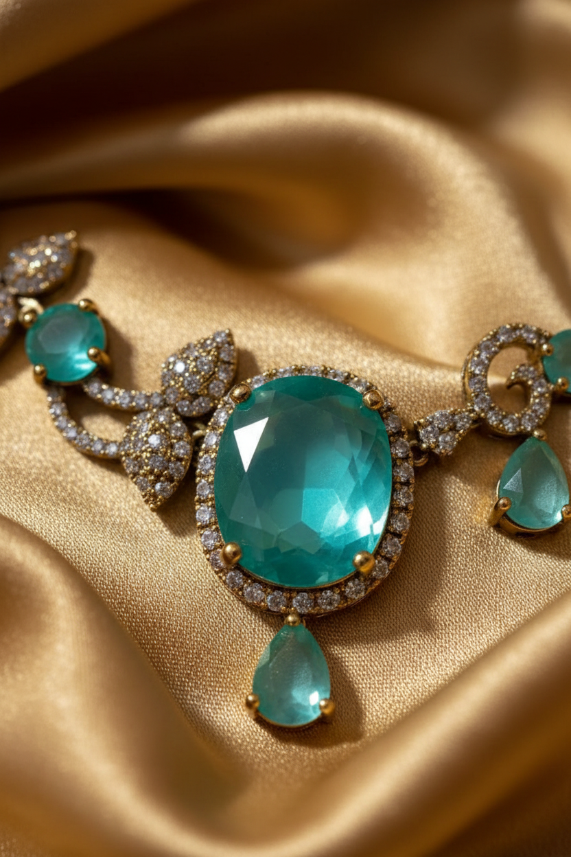 An ornate gold-toned necklace and matching drop earring set displayed on a cream fabric jewelry bust. The jewelry features prominent green teardrop-shaped stones and smaller clear stones set in a textured gold-tone metal.