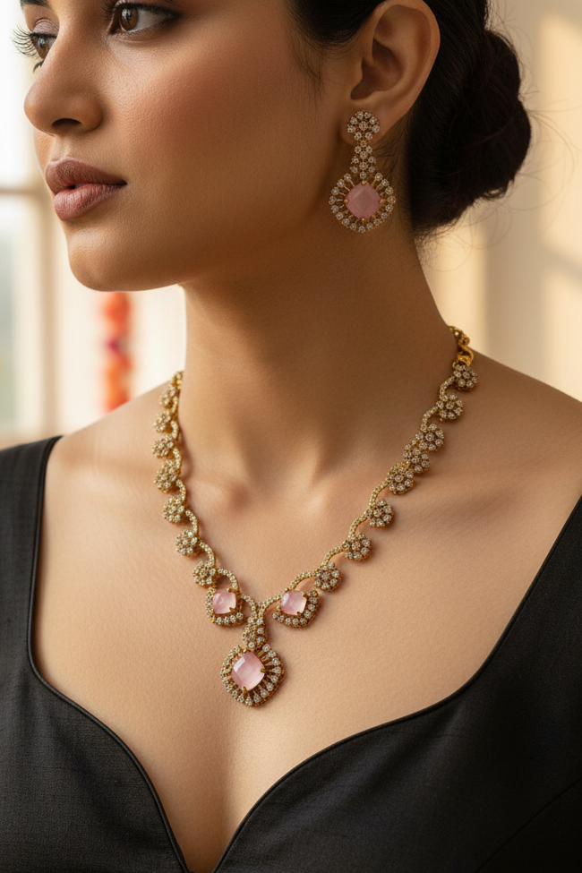 An ornate gold-toned jewelry set displayed on a white mannequin bust, featuring a necklace with pink stones and a matching top piece, set against a light-colored indoor background.