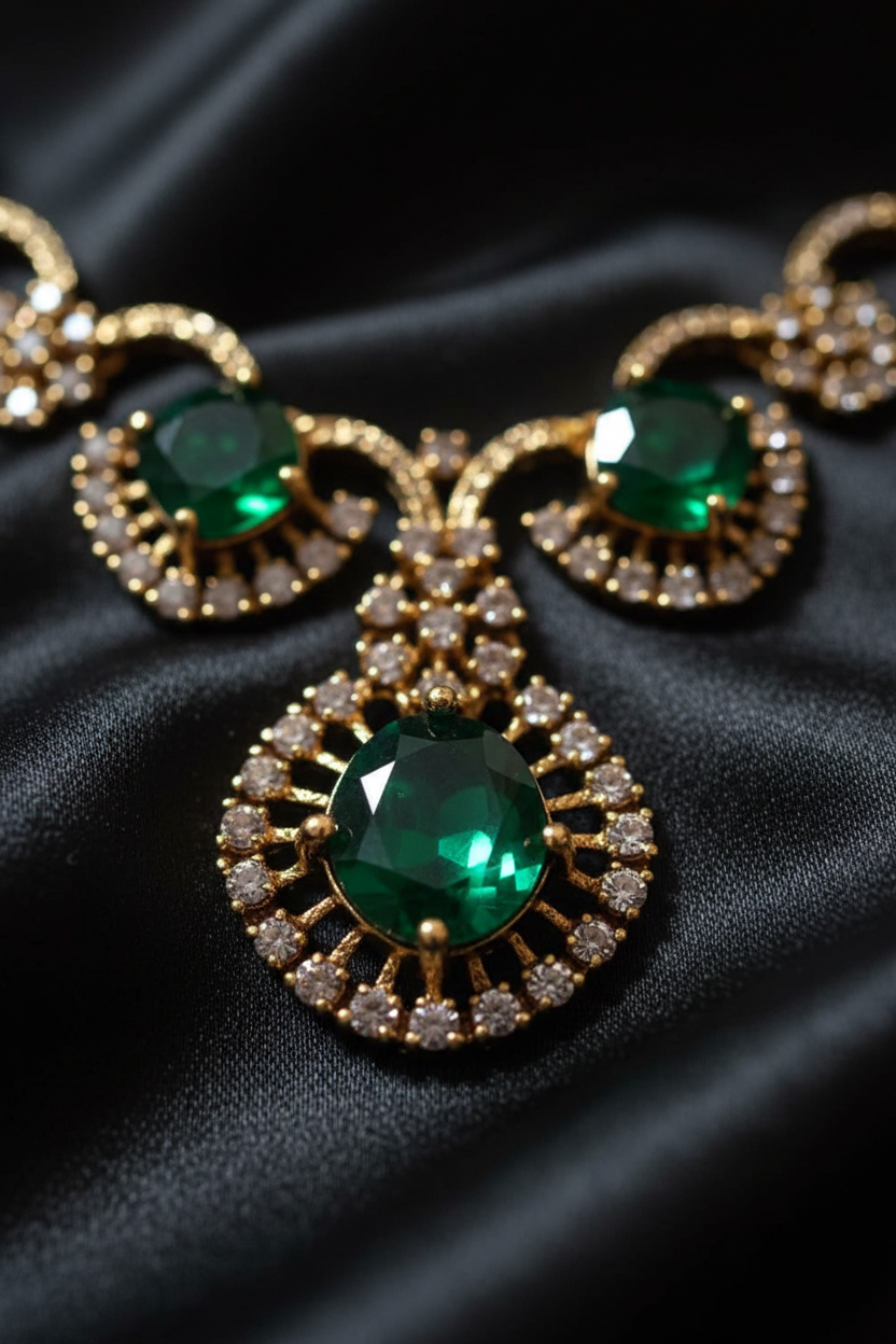 Gold and green jewelry set displayed on a white fabric jewelry bust, featuring a necklace and matching ring with green stones and gold detailing.