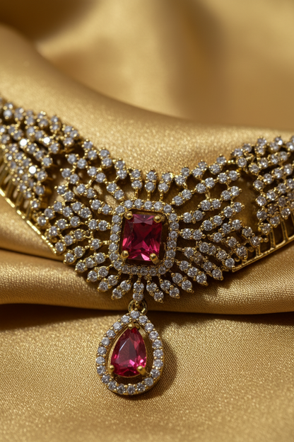 Gold-toned traditional necklace set with a matching maang tikka, displayed on a white jewelry bust. The necklace features intricate gold filigree, clear stones, and red gemstone accents, with a matching pendant on the bust.
