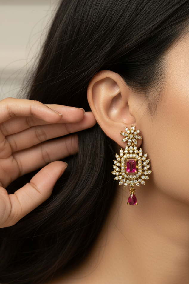 Gold-toned traditional necklace set with a matching maang tikka, displayed on a white jewelry bust. The necklace features intricate gold filigree, clear stones, and red gemstone accents, with a matching pendant on the bust.