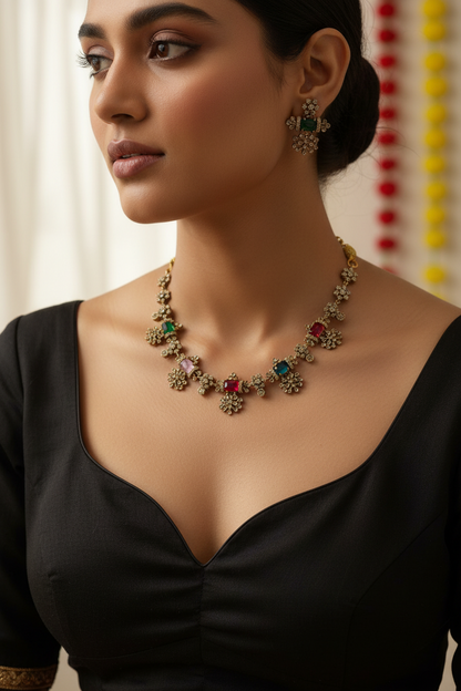 Antique Gold Tone Multi-Color Gemstone Necklace & Earring Set