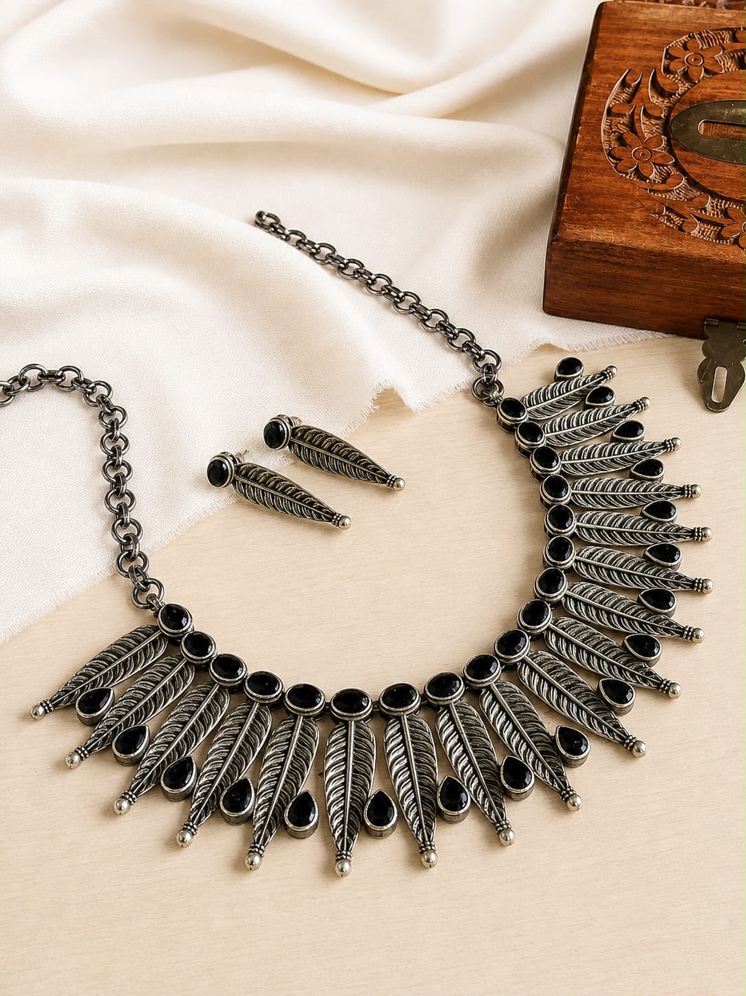 Oxidized Silver Feather Necklace & Earring Set with Black Stones
