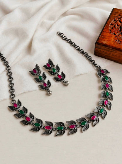 Oxidized Silver-Tone Leaf Design Necklace & Earring Set