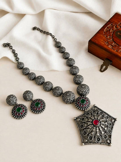 Oxidized Silver Ethnic Necklace Set with Gemstones