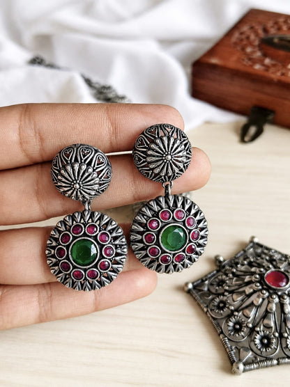 Oxidized Silver Ethnic Necklace Set with Gemstones