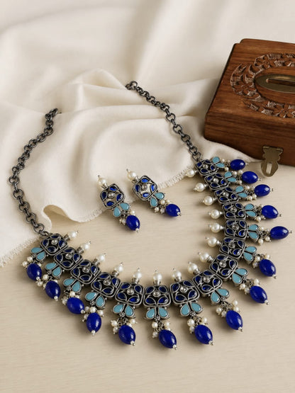 Oxidized Blue Stone & Pearl Ethnic Necklace Set