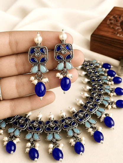 Oxidized Blue Stone & Pearl Ethnic Necklace Set