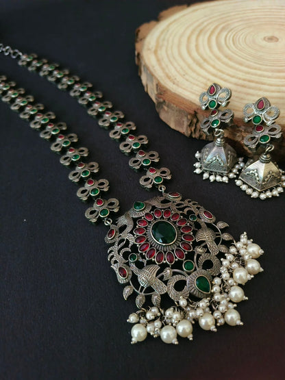 Ethnic Oxidized Silver-Tone Necklace & Jhumka Earrings Set