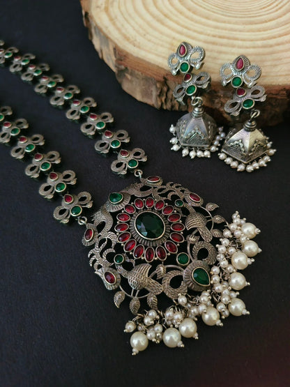 Ethnic Oxidized Silver-Tone Necklace & Jhumka Earrings Set
