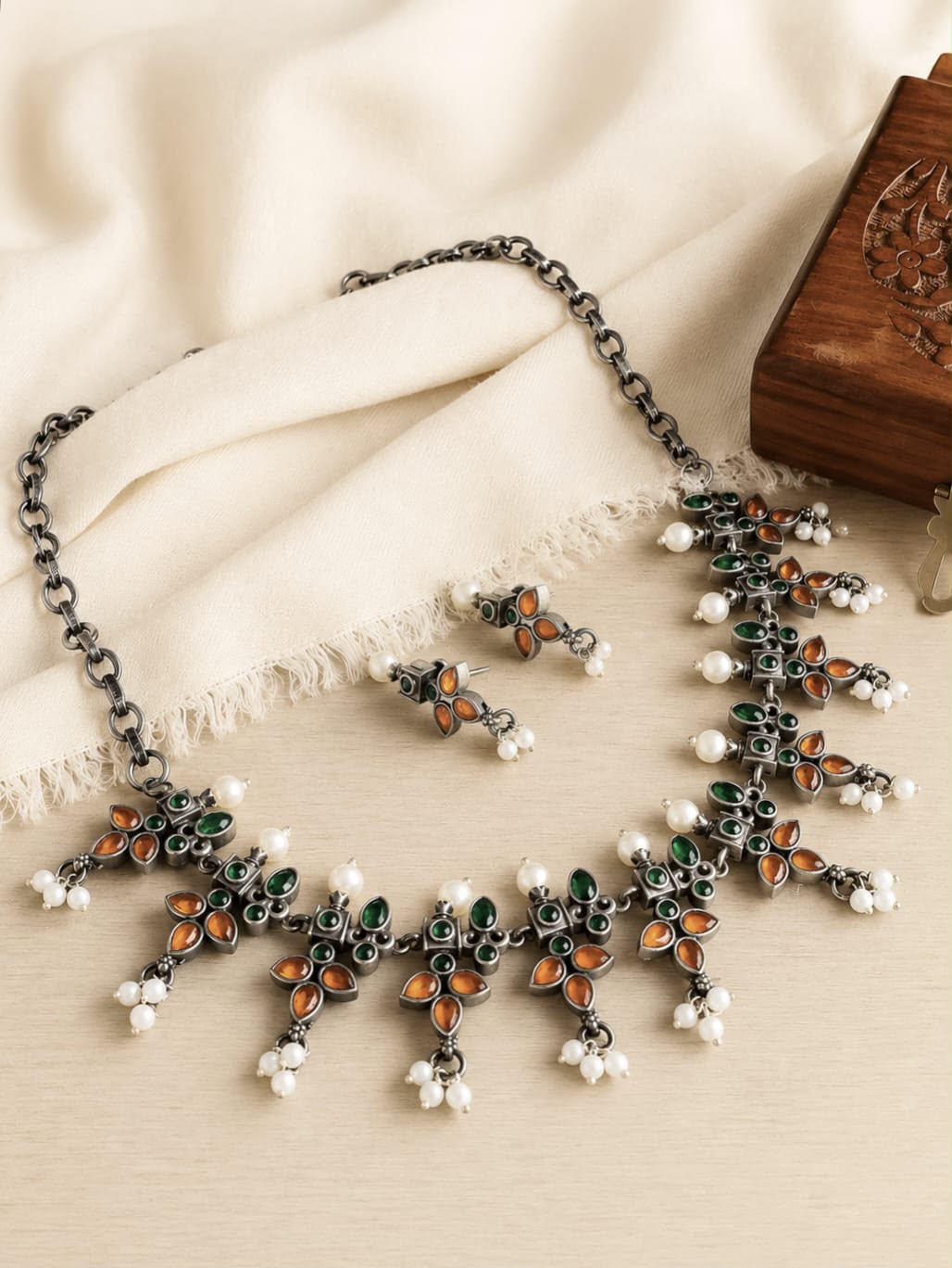 Oxidized Silver-Toned Necklace & Earring Set with Green & Orange Stones